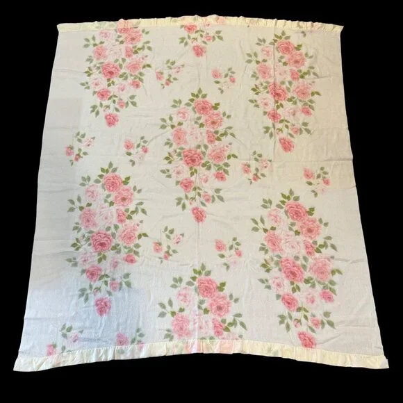Vintage Floral Blanket Pink Rose Flowers Satin Style Trim Mid Century Bedding - Picture 2 of 6